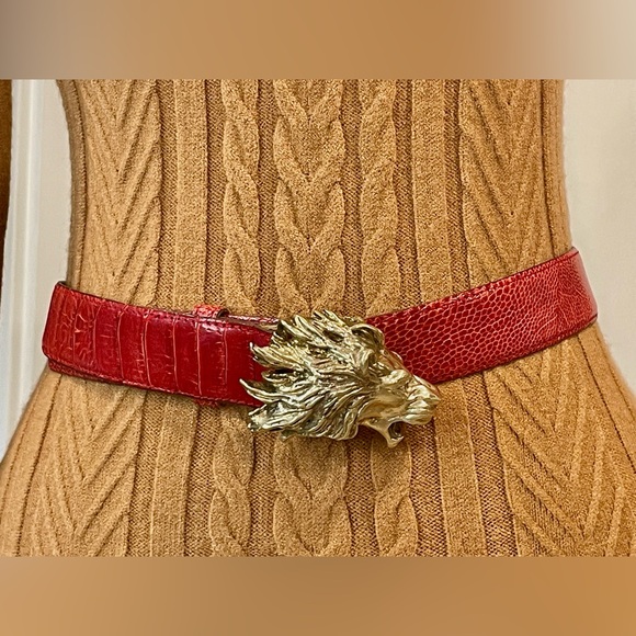 Ostrich Skin belt with Gold Lion Buckle, red, 31”L, EUC - Picture 3 of 12
